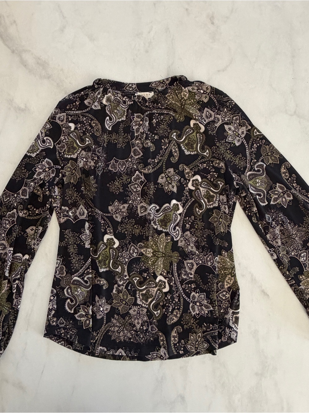 Paisley Long-Sleeve Blouse - Black with Olive & Cream